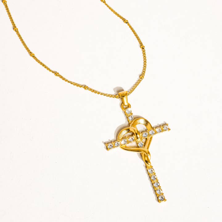 Hermine 18K Gold Non-Tarnish Cross Heart Necklace for wholesale on Faire