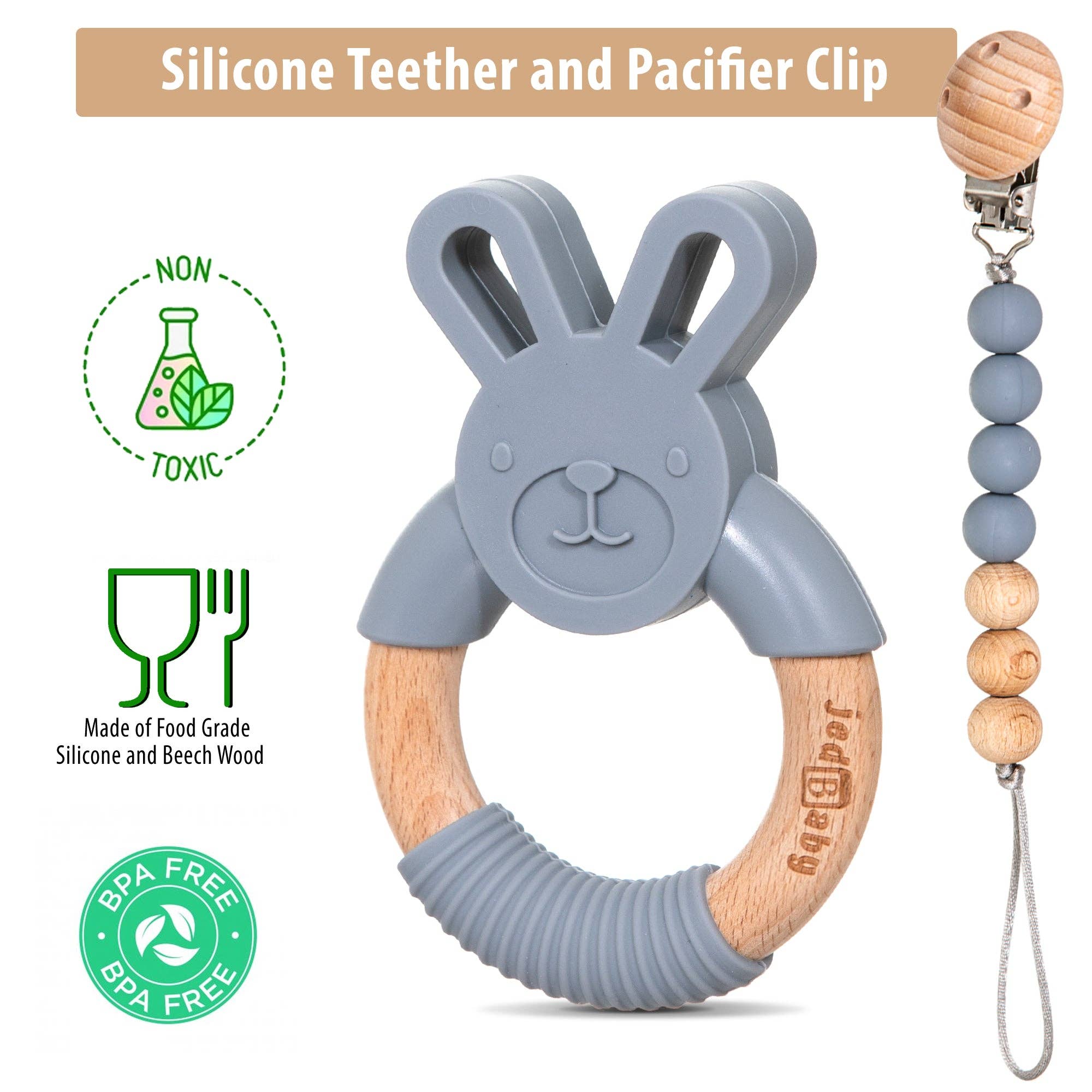 Jedbaby - Wholesale Teether (Not Clip-On) - Baby - Silicone and Wood Bunny Teether + Pacifier Clip6