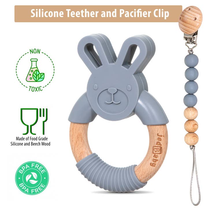 Jedbaby - Wholesale Teether (Not Clip-On) - Baby - Silicone and Wood Bunny Teether + Pacifier Clip6