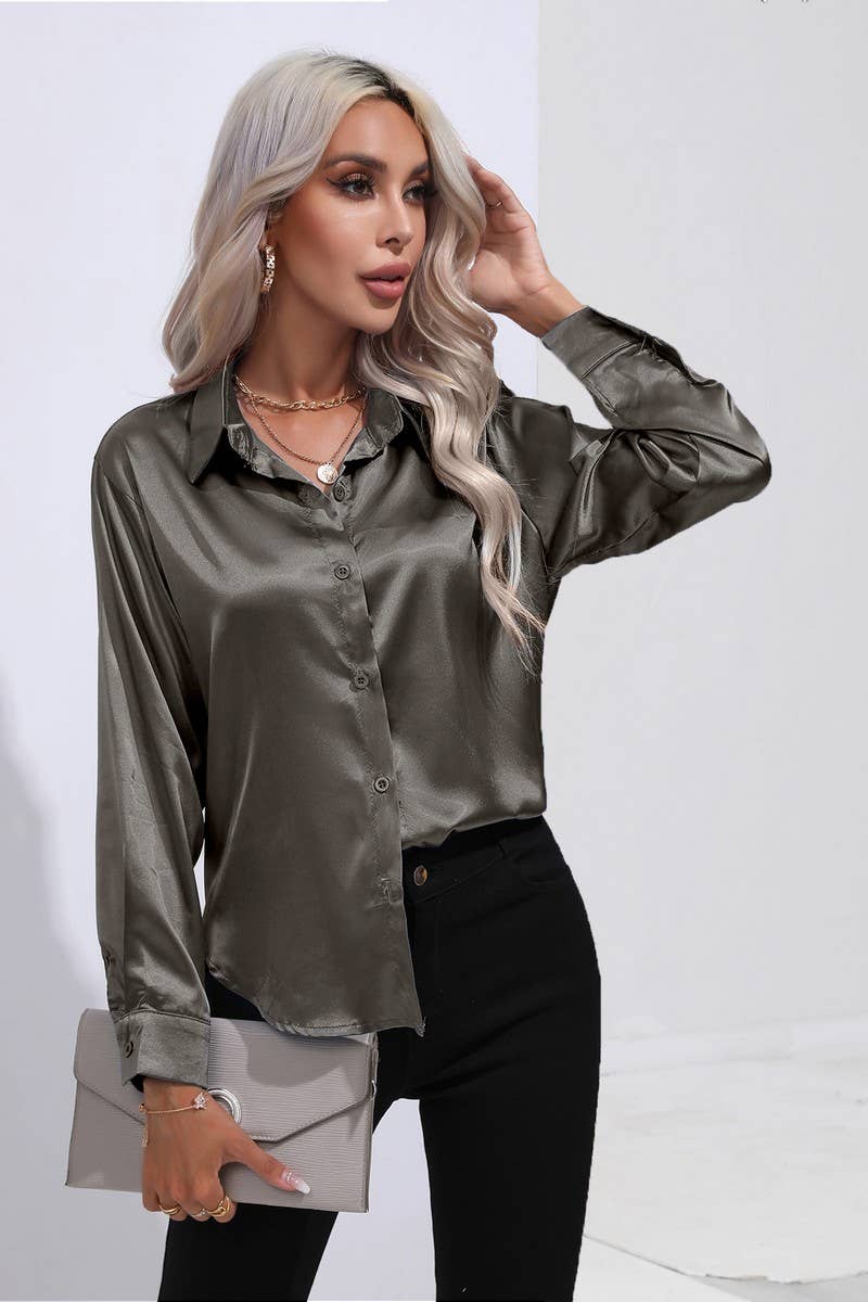 NINEXIS - Wholesale Button Down Shirt - Women's - CWTBLL0690_Button Down Silky Satin Long Sleeve Top75