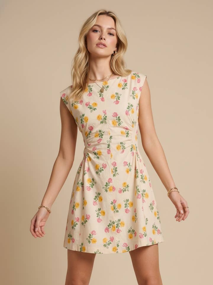 Vestido Evasê com Mangas Cap Florais SOD1326 por atacado de Heyson