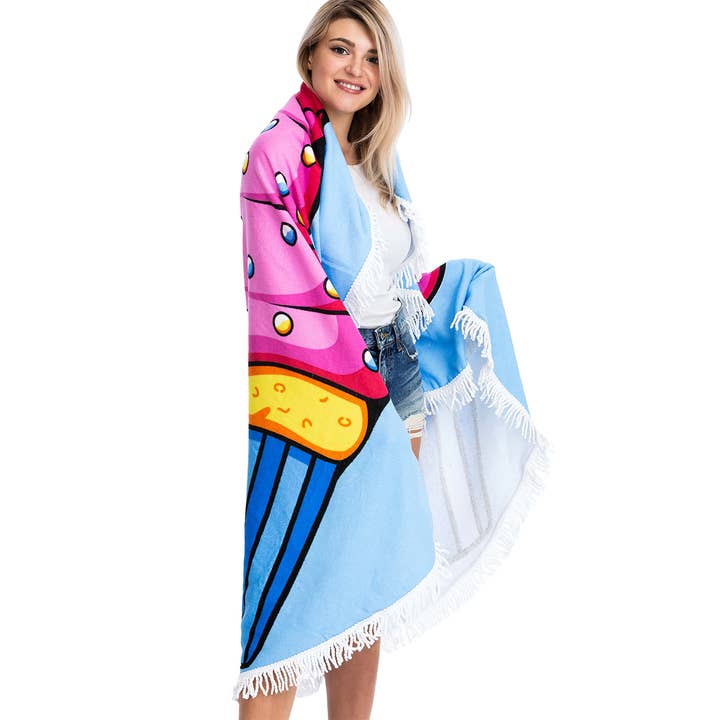 Cap Zone - Wholesale Beach Towel - Sprinkle Cupcake Fringe Trim Soft Terrycloth Beach Towel1