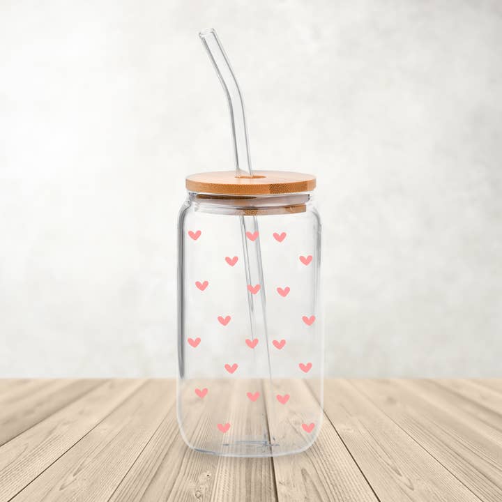 Copo Coração de Vidro 16 oz| Tampa de Bambu e Palha de Vidro por atacado de Full Moon Arts & More