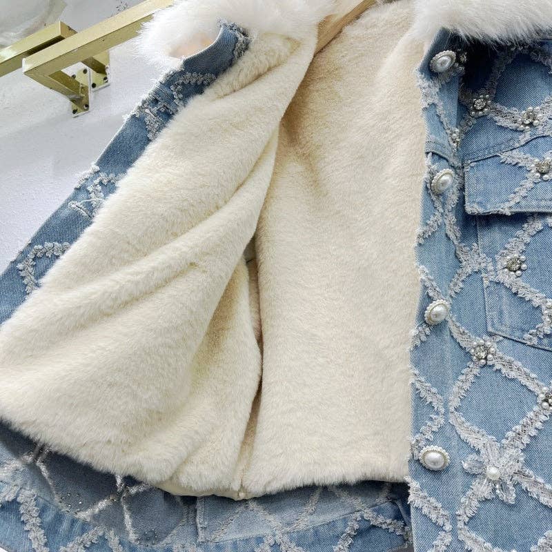 BLÅ Utsmyckad jeansjacka med fuskpäls för wholesale på Faire3