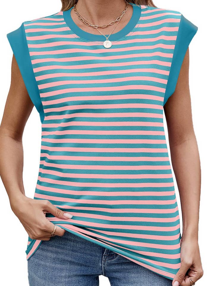 NINEXIS - Wholesale T-Shirt - Women's - CWTTSL0320_SUMMER STRIPED ROUND NECK SHORT SLEEVE T-SHIRT