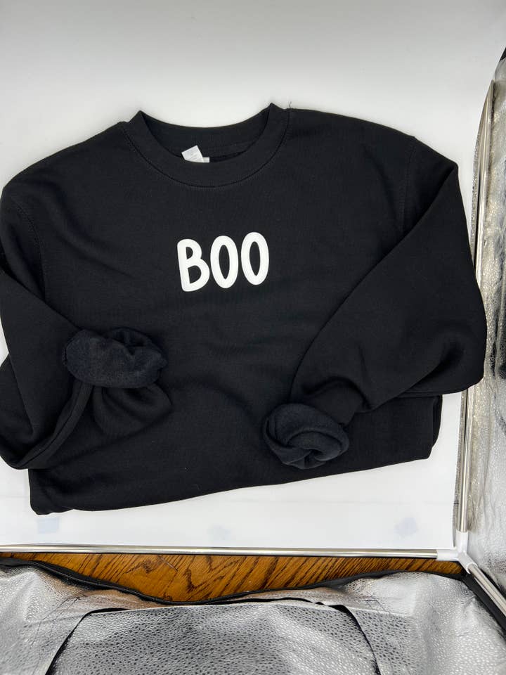 Halloween Boo Black Sweatshirt for wholesale by Lily Rose Designs