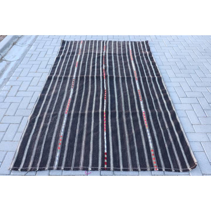 Vintage Turkish Rug, 5,1x11 ft Large Rug, Black Kilim Striped Rug for wholesale by The Loom Wholesale