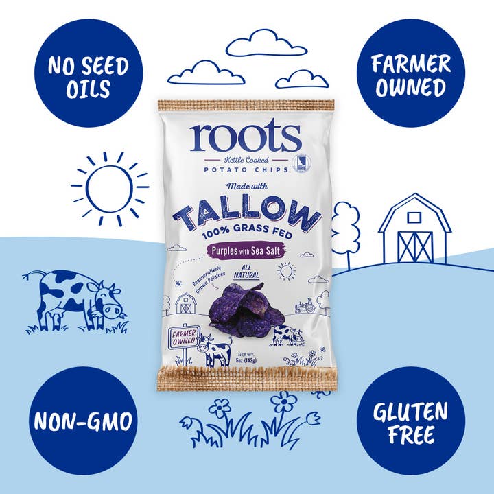 Roots Potato Chips - Wholesale Chips - Tallow Purple Sea Salt Kettle Cooked Potato Chips – Naturally Vibrant Flavor – Regenerative Idaho Purple Potatoes Cooked in 100% Tallow – (12 x 5 oz Bags)3