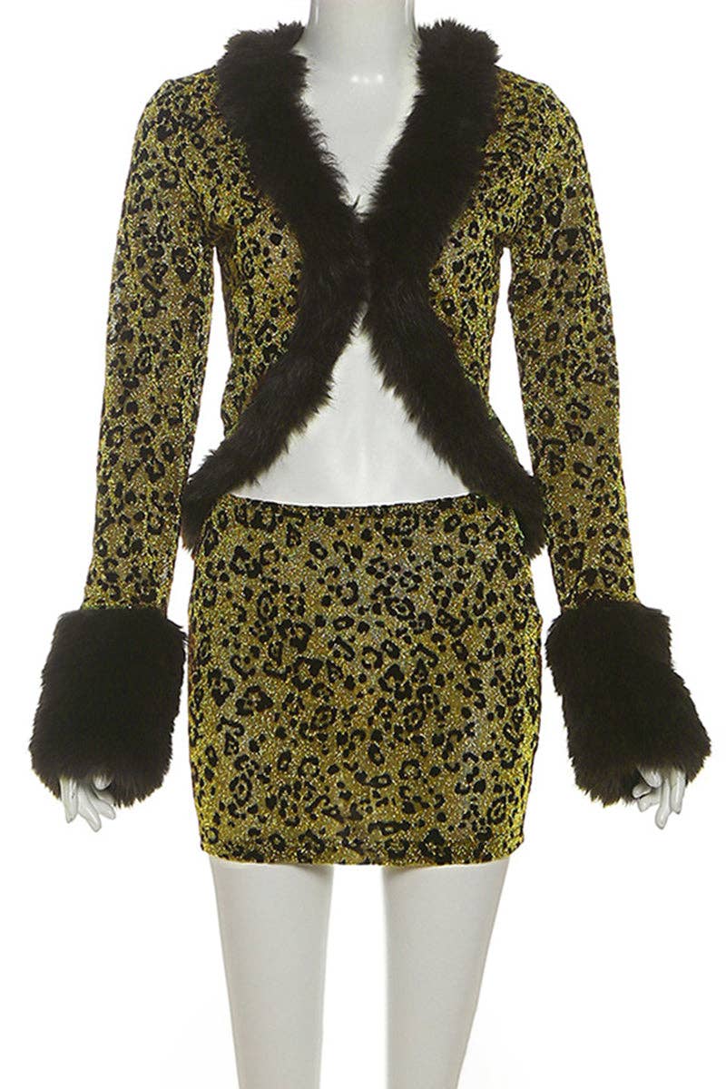 YELLOW Faux Fur Trim Leopard Skirt Set for wholesale on Faire2