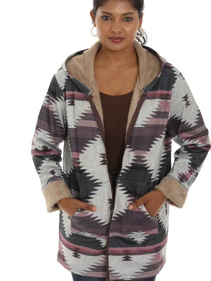 Shoreline Wear. INC - Wholesale Jacket - Women's - Zip-Up Aztec Print Fur Lined Hoodie Jacket