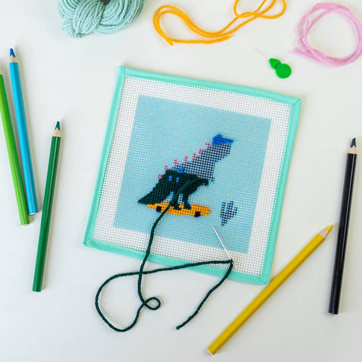 Unwind Studio - Wholesale Embroidery/Cross Stitch Supplies - Dino The Skater - Needlepoint Kit for Kids