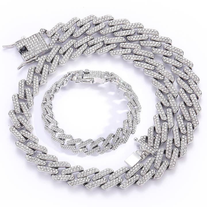 Hip Hop Chain Necklace & Bracelet Set (14mm, Silver) for wholesale by EMESLY