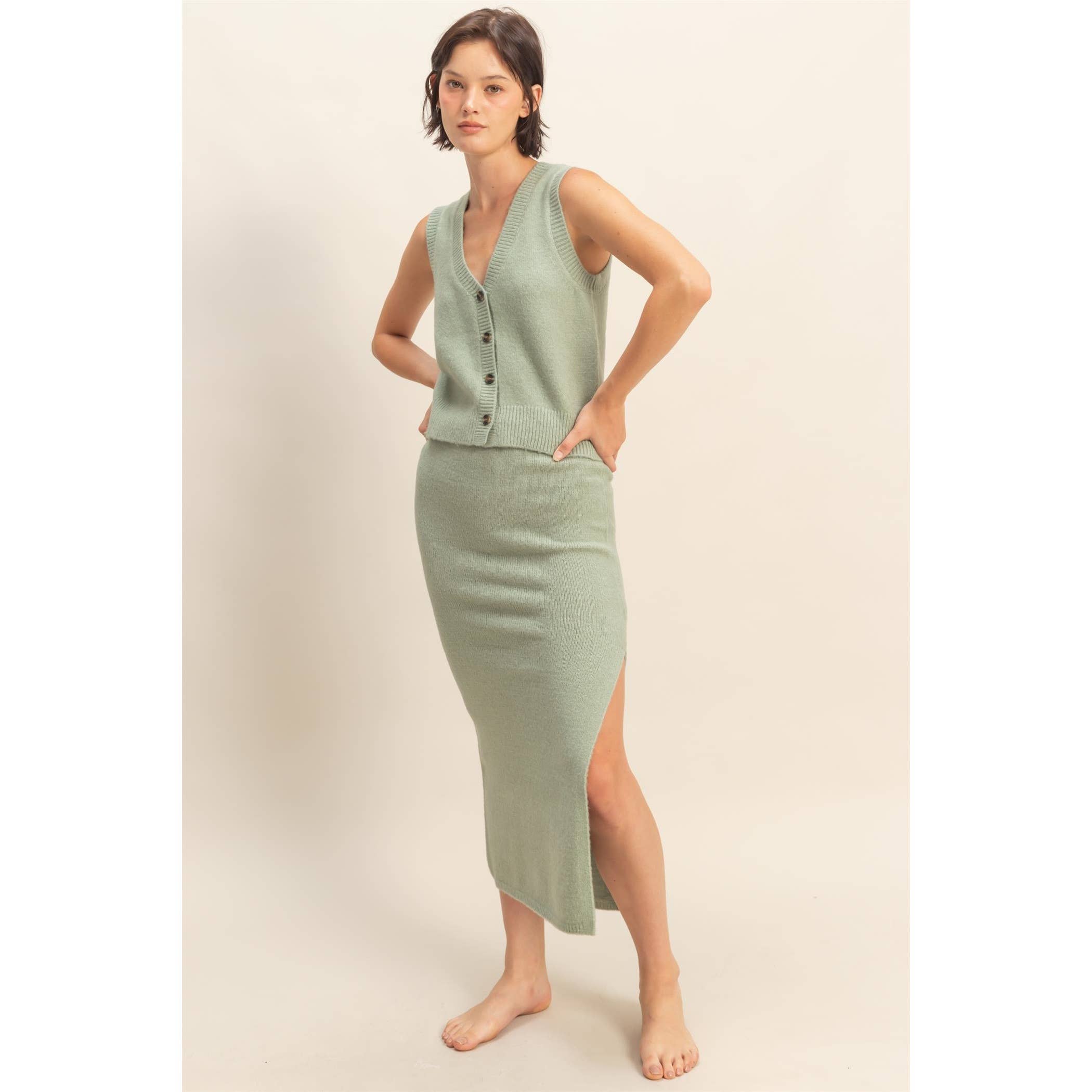 Double Zero - Wholesale Top & Skirt Set - Women's - Button Front Vest & Midi Skirt Knit Set15