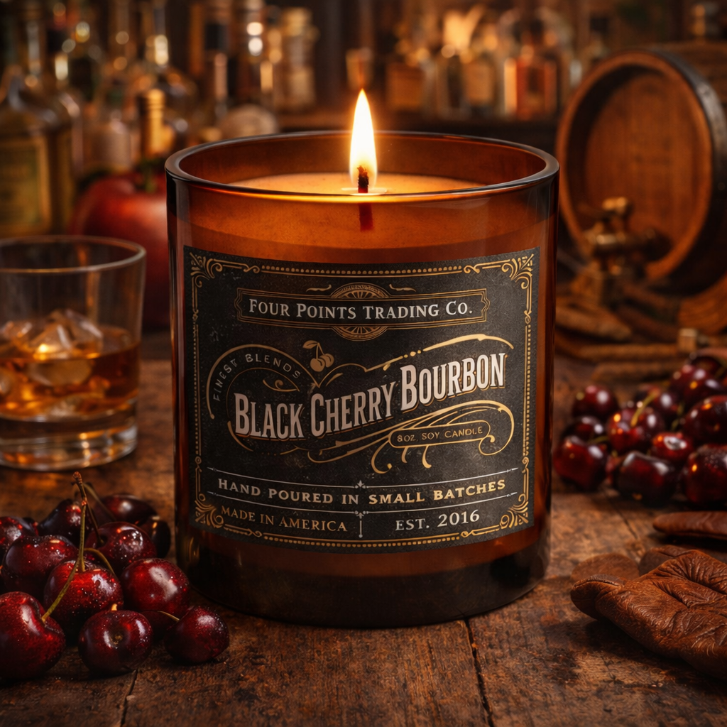 Four Points Trading Co – wholesale Jar/filled candle – Black Cherry Bourbon 8 oz Soy Candle1