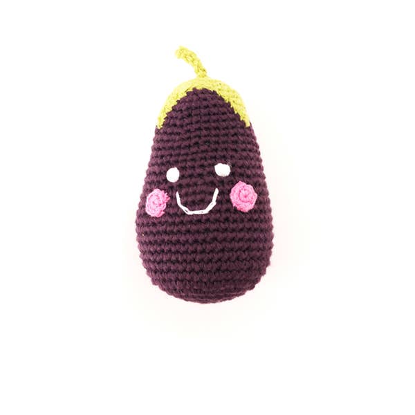 Crochet Baby Toy Friendly aubergine rattle for wholesale by Pebblechild