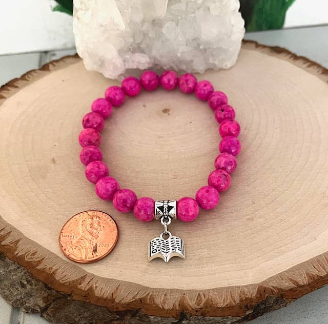 Jewels For Hope - Wholesale Charm/Dangle Bracelet - Pink beaded stretch bracelet with Book charm1
