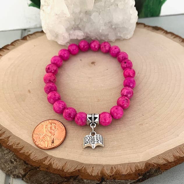 Jewels For Hope - Wholesale Charm/Dangle Bracelet - Pink beaded stretch bracelet with Book charm1