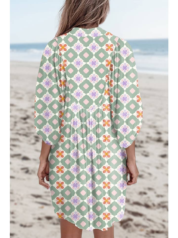 As shown Geometric Floral Print Notched Neck Mini Dress | S-XL for wholesale on Faire