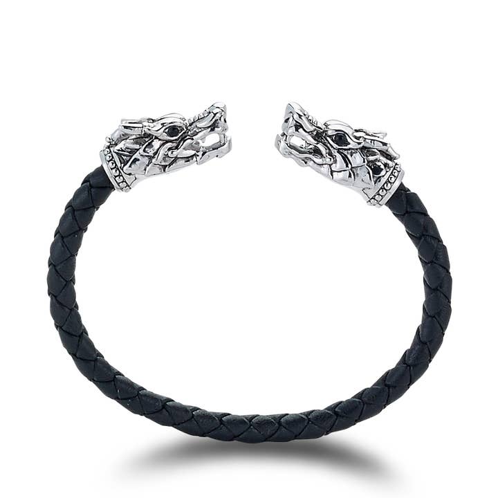 SS Black Leather Dragon Head Bangle W/ Bksp Eyes for wholesale by Eli Pebble