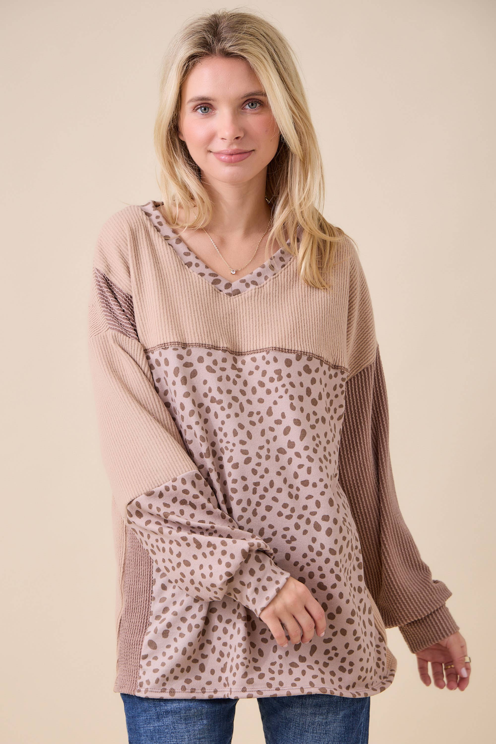 Celeste Clothing - Wholesale Knit Top - Women's - WOMEN'S RIB COLOR BLOCK ANIMAL PRINT LONG SLEEVE TOP39