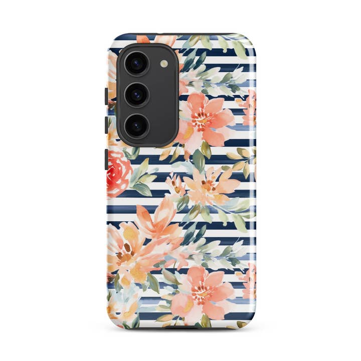 Navy Stripe Floral Tough Phone Case Galaxy S23 S24 S25 for wholesale by Calypso Rose Designs