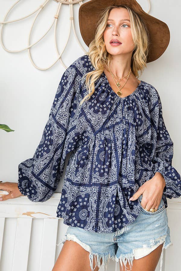 BUCKETLIST OUTLET - Wholesale Blouse - Women's - T1190F OUTLET SALE Bandana Puff Sleeve Flowy Babydoll Top3