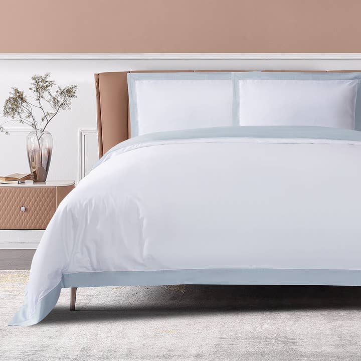 THE COTTON & SILK - Wholesale Bedding Pillowcase/Sham - Long-staple Cotton Euro Sham Set of 2, White + Misty Blue