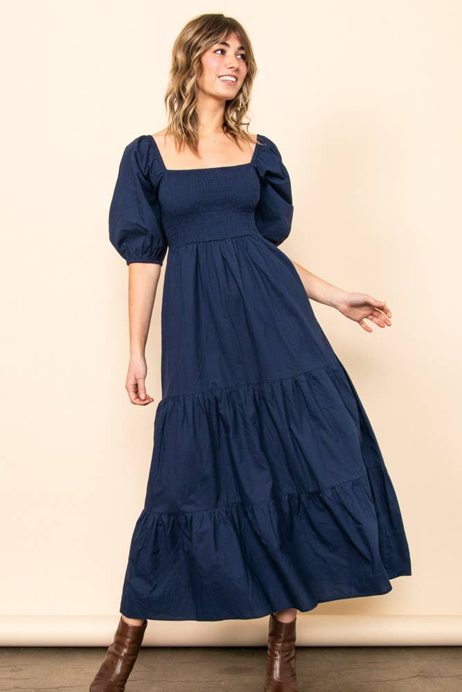 Elloh Collection - Wholesale Dress - Women's - On Off Shoulder Half Sleeve Cotton Smocked Tiered Maxi Dress3