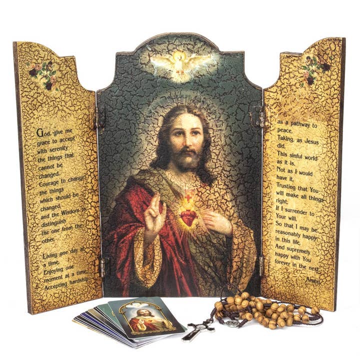 Sacred Heart Wooden Triptych w/ Prayer Cards/Rosary 10" x 12" for wholesale by Oremus Mercy