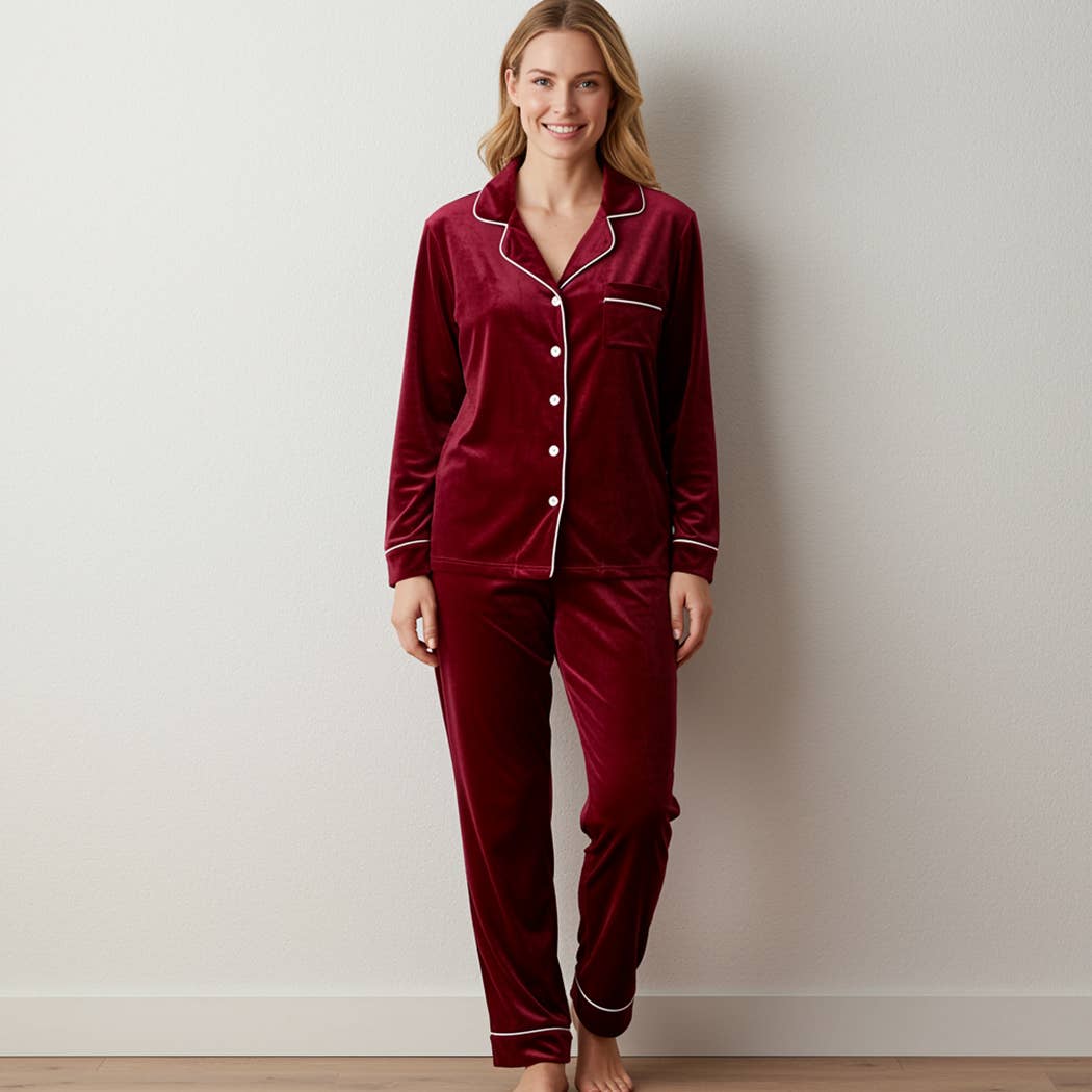 The Blissful - Wholesale Sleepwear set – Women's - Women’s Velvet Pjs Set Long Sleeve Button-Up Top & Full Pant