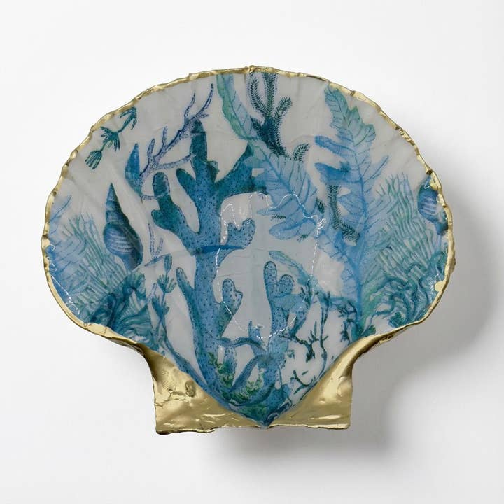 Plato de Concha de Vieira de Coral Azul con Borde Dorado para venta al por mayor de Shell Yeah By Jaks LLC