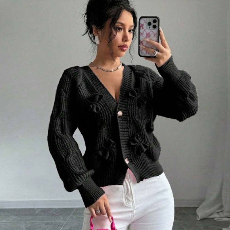 Plush Looks – wholesale Kofta - Dam – Enfärgad långärmad kofttröja med rosettdekor7