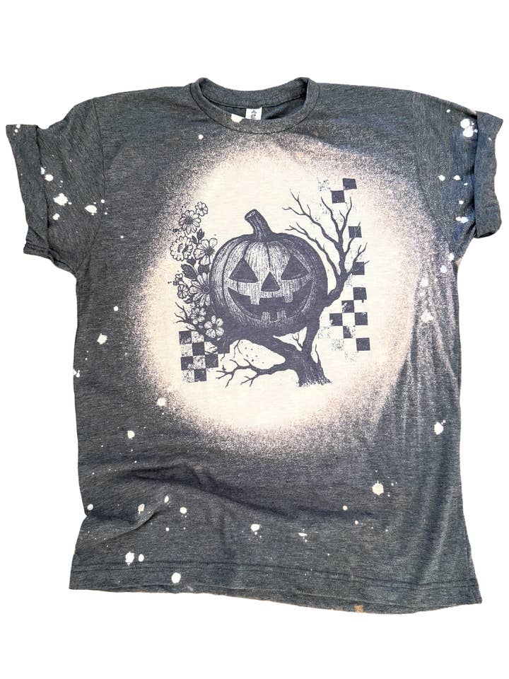 Pumpkin Patch Checkered Halloween Bleached Tee for wholesale by Pick Your Poison Tees LLC (Formerly Wandering Owl Designs)