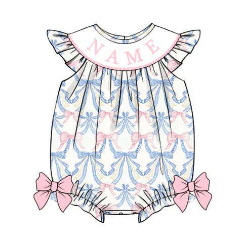 Girls Summer Pink Blue Bow Custom Name Embroidery Romper for wholesale by Auraquise
