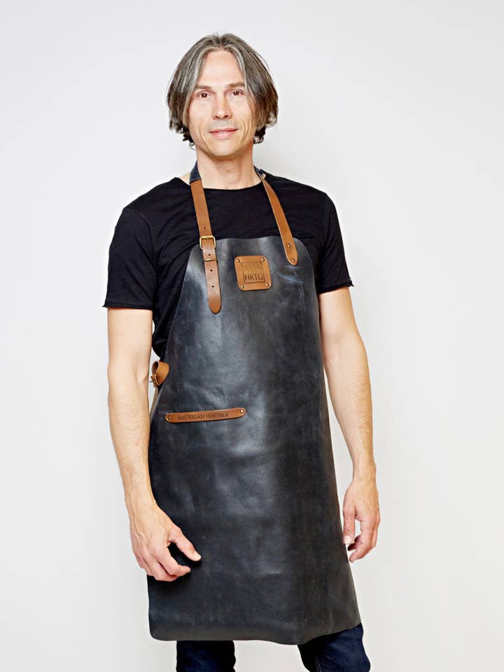 Vista | Black and Cognac Leather Apron Home Kitchen One Size for wholesale by Amsterdam Heritage Leather Belts, Bags, Jackets & Apparel