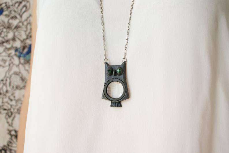 SORA DESIGNS - Wholesale Pendant/Charm Necklace - Owl Magnifying Glass Necklace -Matte Black Version1