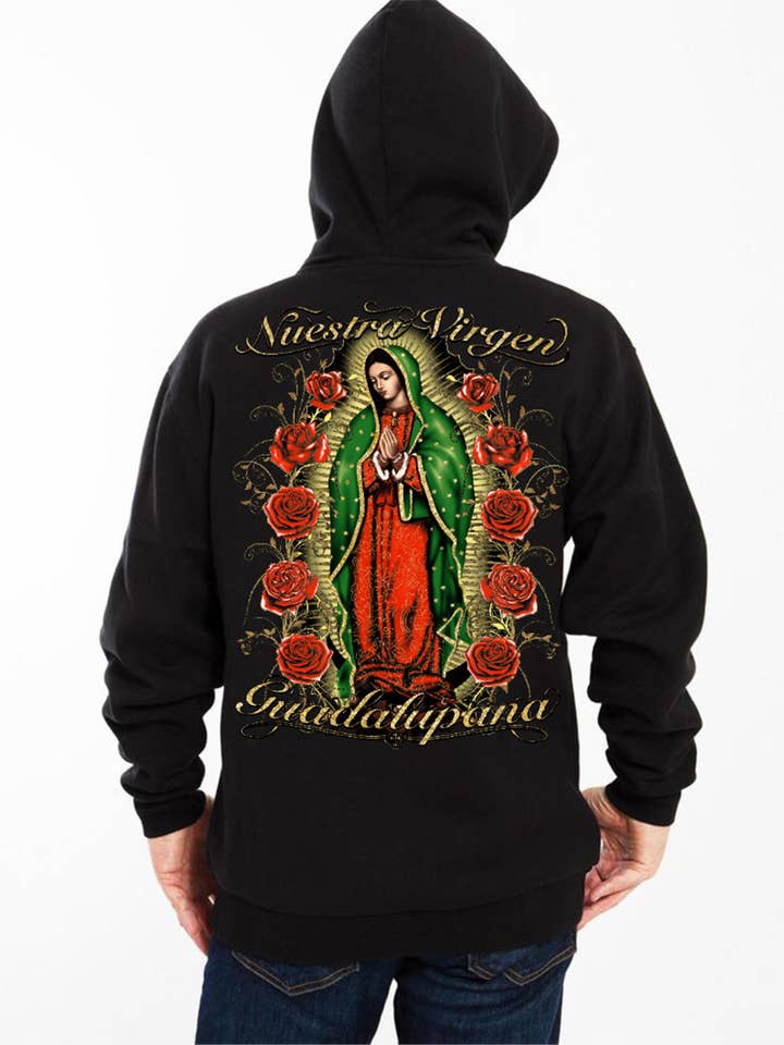 Virgen de Guadalupe Screen Printed T Shirts with Glitter for wholesale by NLJ TRADERS LLC