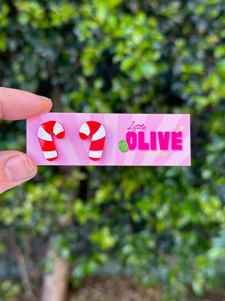 Brincos Candy Cane Pintados à Mão - Festive por atacado de Little Olive Creates