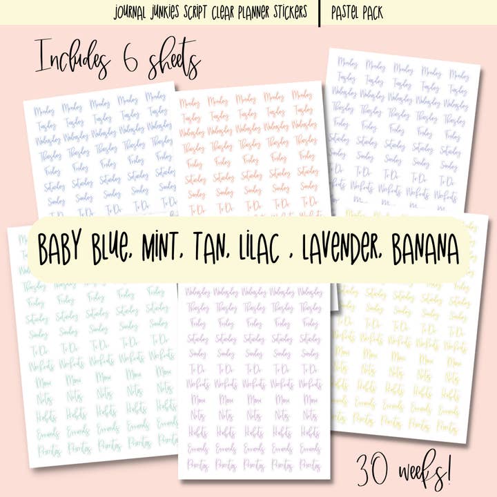 Basic Planner Stickers Pack | Journal Junkies Script Pastel for wholesale by Journal Junkies