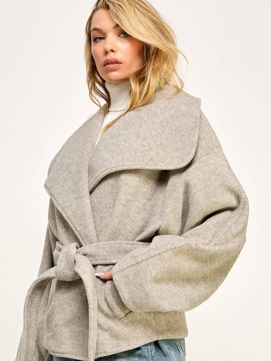 Beige Melange WINTER BIG COLLAR BELTED FLEECE JACKET for wholesale on Faire