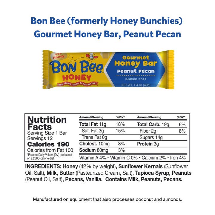 Honey Bunchie, LLC - Wholesale Snack Bar - Bon Bee Gourmet Honey Bar, Peanut Pecan (4-Packs)12