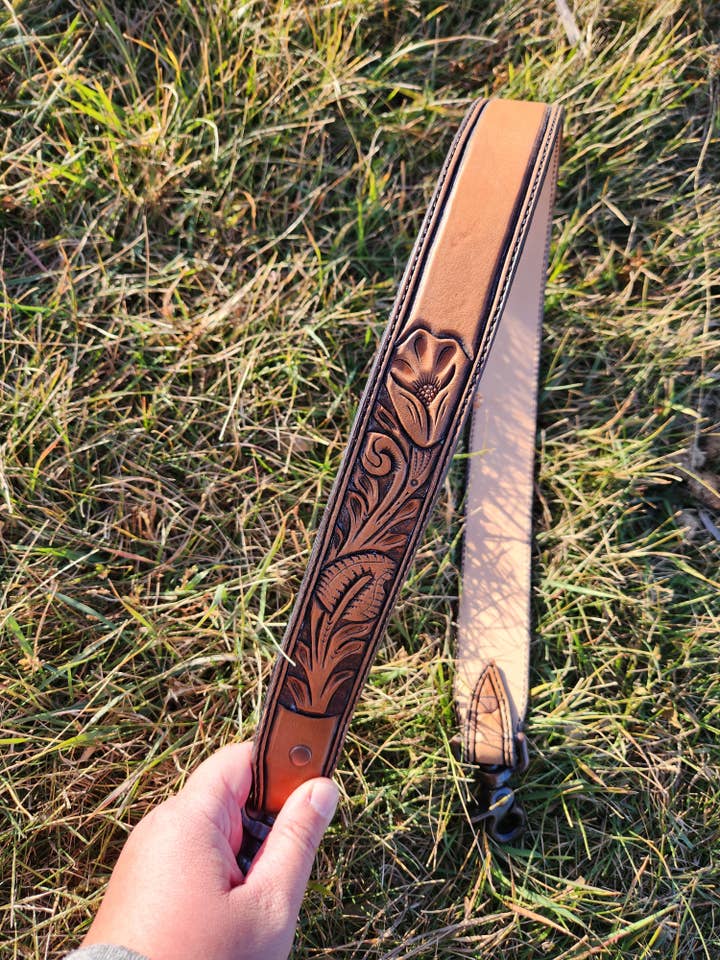 Floral Tooled Purse Strap for wholesale by Varnish Bay Leatherwork