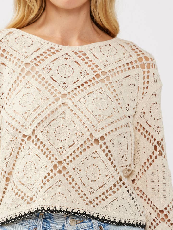 Natural Long Sleeve Diamond Floral Crochet Crop Top for wholesale on Faire