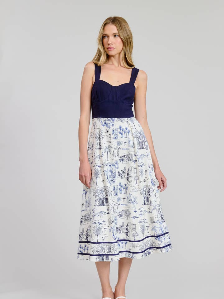 Robe d'été mi-longue imprimée Malaga pour la vente par FLAT WHITE