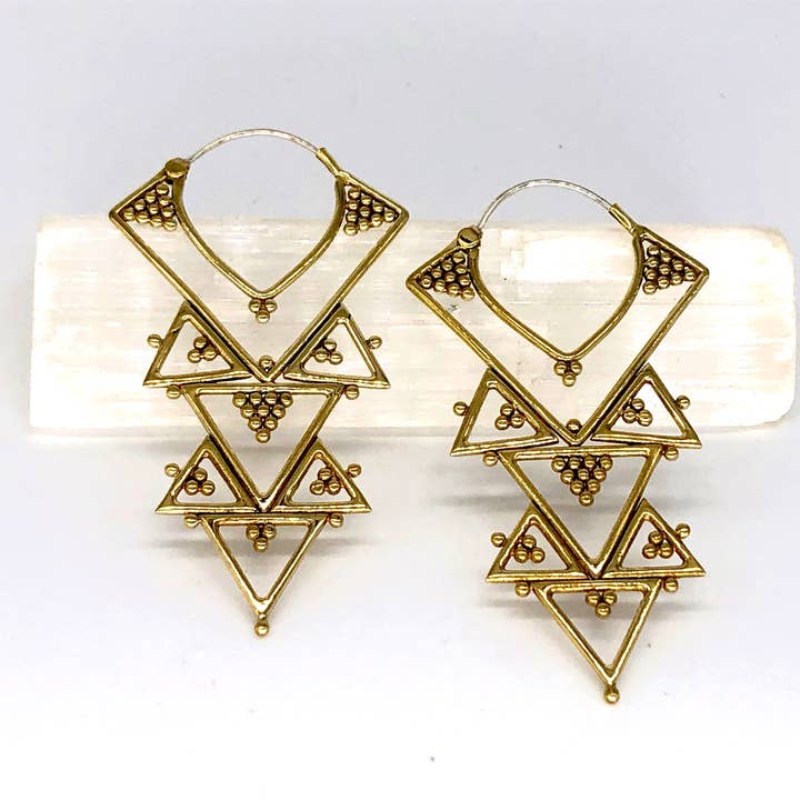 JAYA MOKSHA - Wholesale Dangle Earrings - Brass Tribal Boho Chandelier Earrings / Gold Triangle Hoops 3