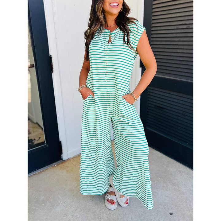 UNISHE - Venta al por mayor Peto - Mujer - Mono sin mangas holgado de punto veraniego a rayas acanaladas CY1766