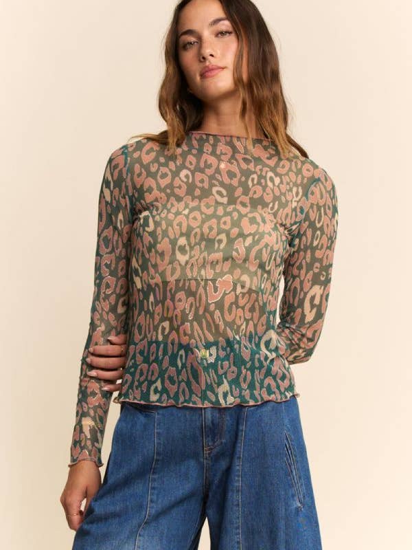 Davi & Dani - Wholesale Knit Top - Women's - METALLIC LEOPARD SHEER MESH TOP10