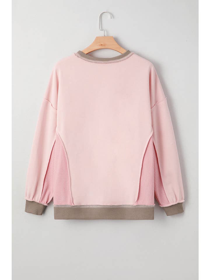 Light Pink Colorblock Waffle Patchwork Oversize Sweatshirt for wholesale on Faire2