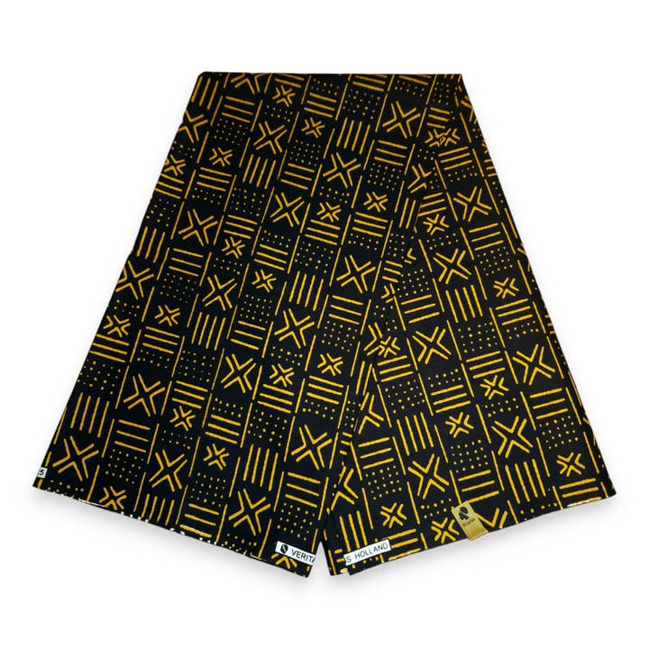 AfricanFabs - Wholesale Stofrol - 6 Yards - Afrikaanse Zwart / Geel X Bogolan / Modderdoek printstof / doek (Traditioneel Mali)