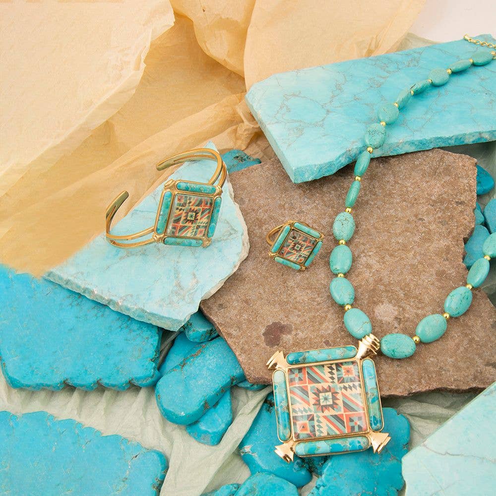 Barse Jewelry - Wholesale Cocktail/Statement Ring - Scenic Native Weave Blue Turquoise Golden Statement Ring4